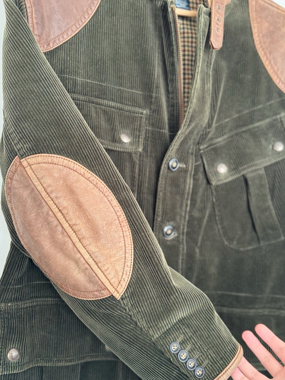 Ralph Lauren Olive Corduroy Field Jacket with Brown Leather Shoulders - Picture 5 of 5